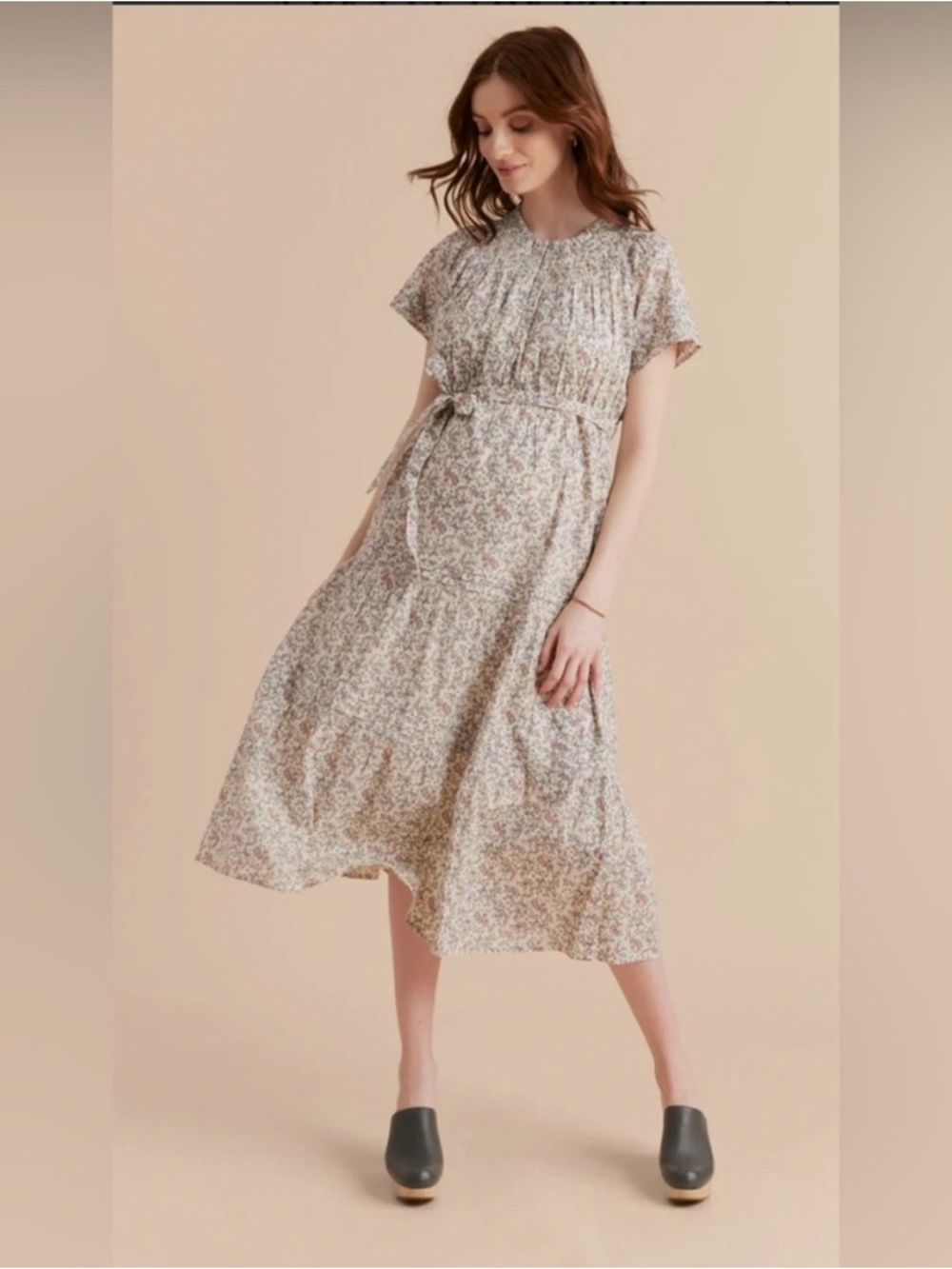A Pea in the Pod Cream Floral Midi Dress with Waist Tie